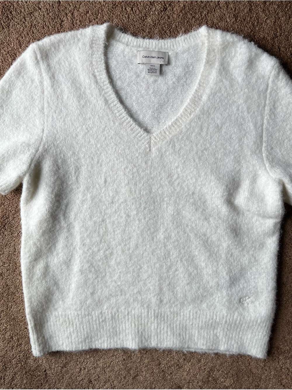 Calvin Klein Cream V-Neck Short Sleeve Sweater